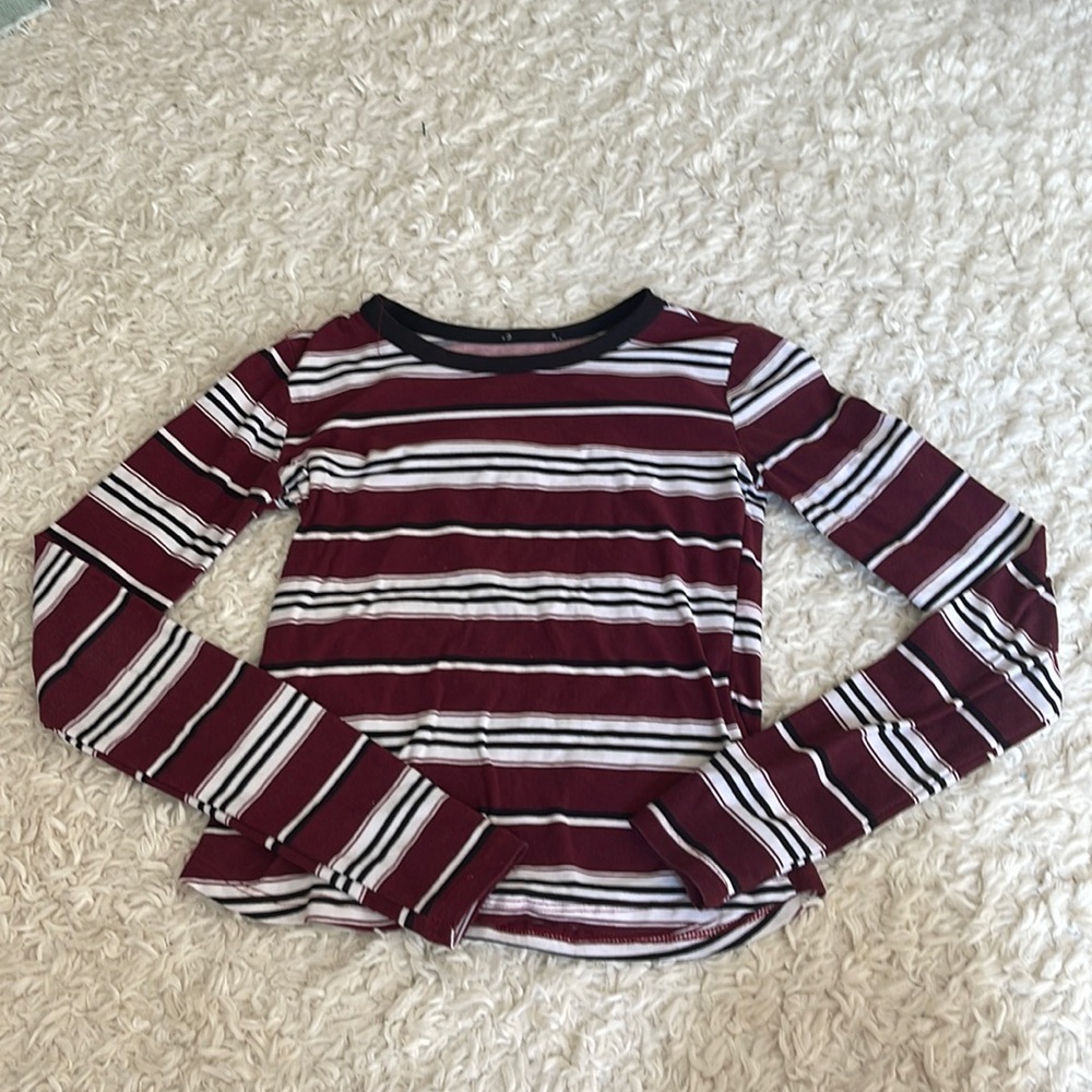 Burgundy, white, black shirt